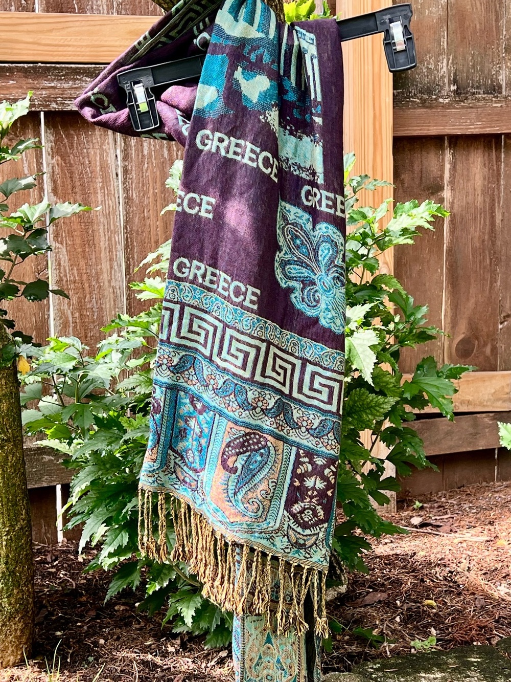 NEW 100% Pashmina scarf Greece motif gold purple aqua turquoise metallic shawl